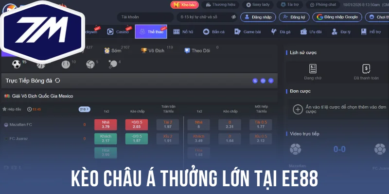 Kèo châu Á thưởng lớn tại Ee88