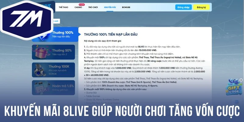 Khuyến mãi 8live giúp người chơi tăng vốn cược