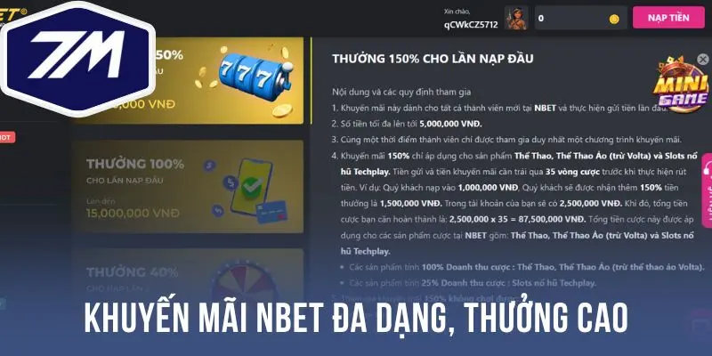 Khuyến mãi Nbet đa dạng, thưởng cao