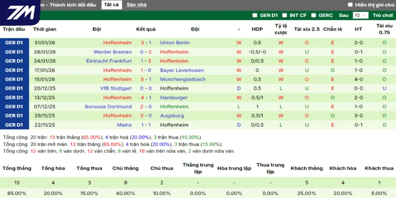 Phong độ Hoffenheim trong 5 trận gần nhất ra sân