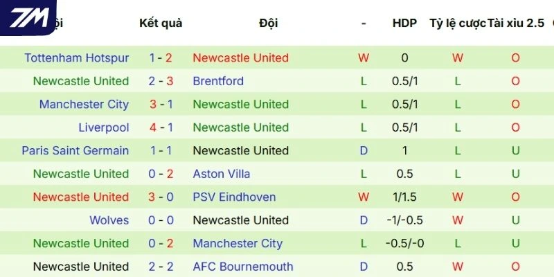 Thành tích những lần ra sân gần đây của Newcastle 