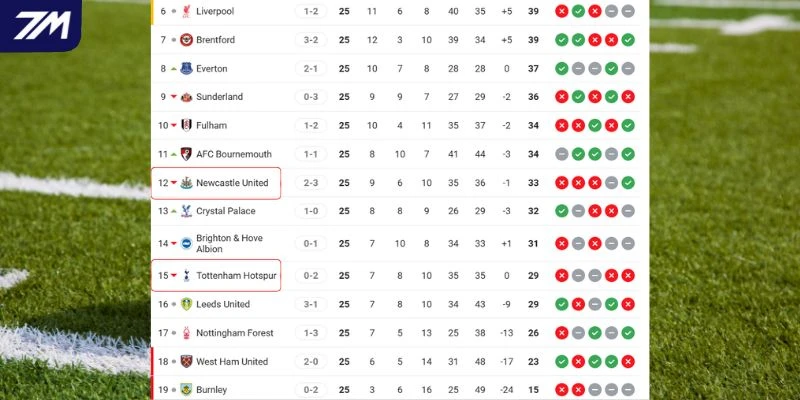Vị trí của Tottenham vs Newcastle trên BXH